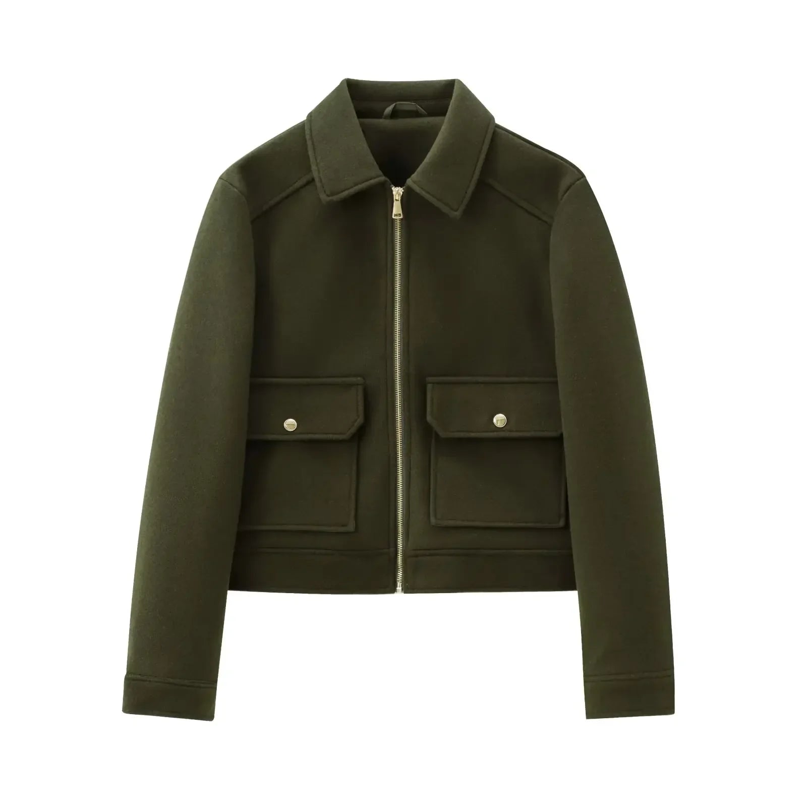 Women's Cropped Zip Front Bomber Jacket – Spread Collar Flap Pockets