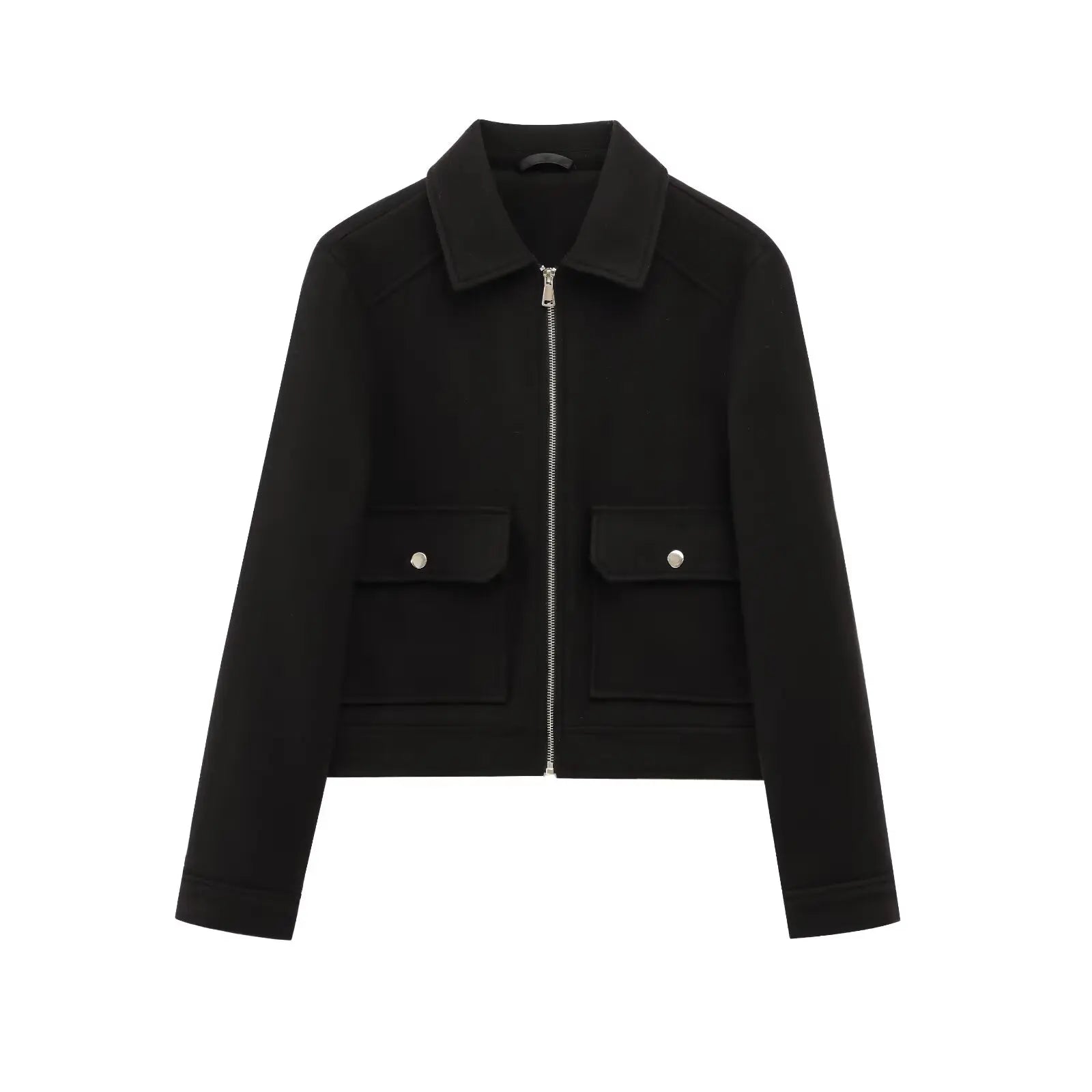 Women's Cropped Zip Front Bomber Jacket – Spread Collar Flap Pockets