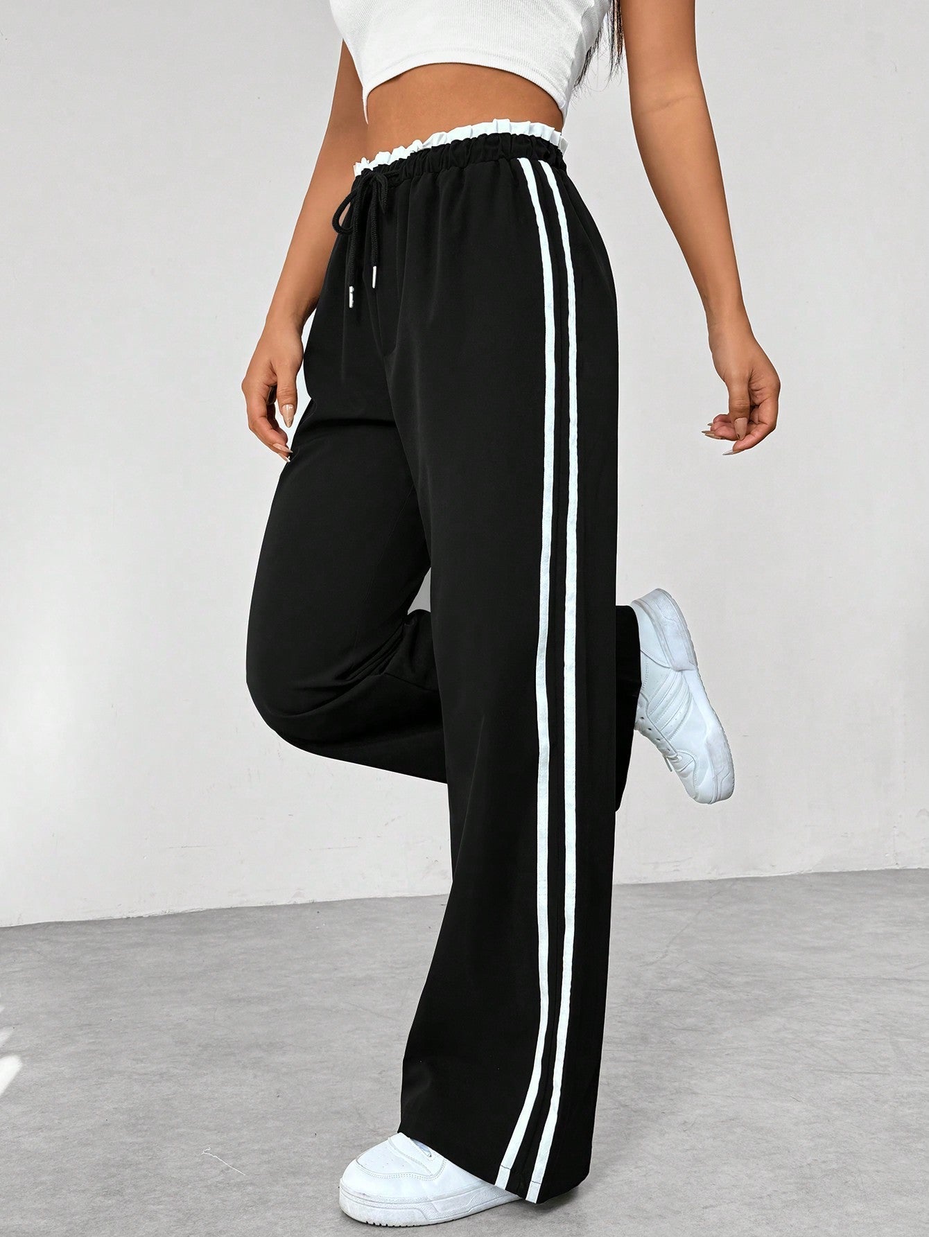 Women's Side Stripe Sweatpants – High Waist Drawstring Wide Leg Casual Track