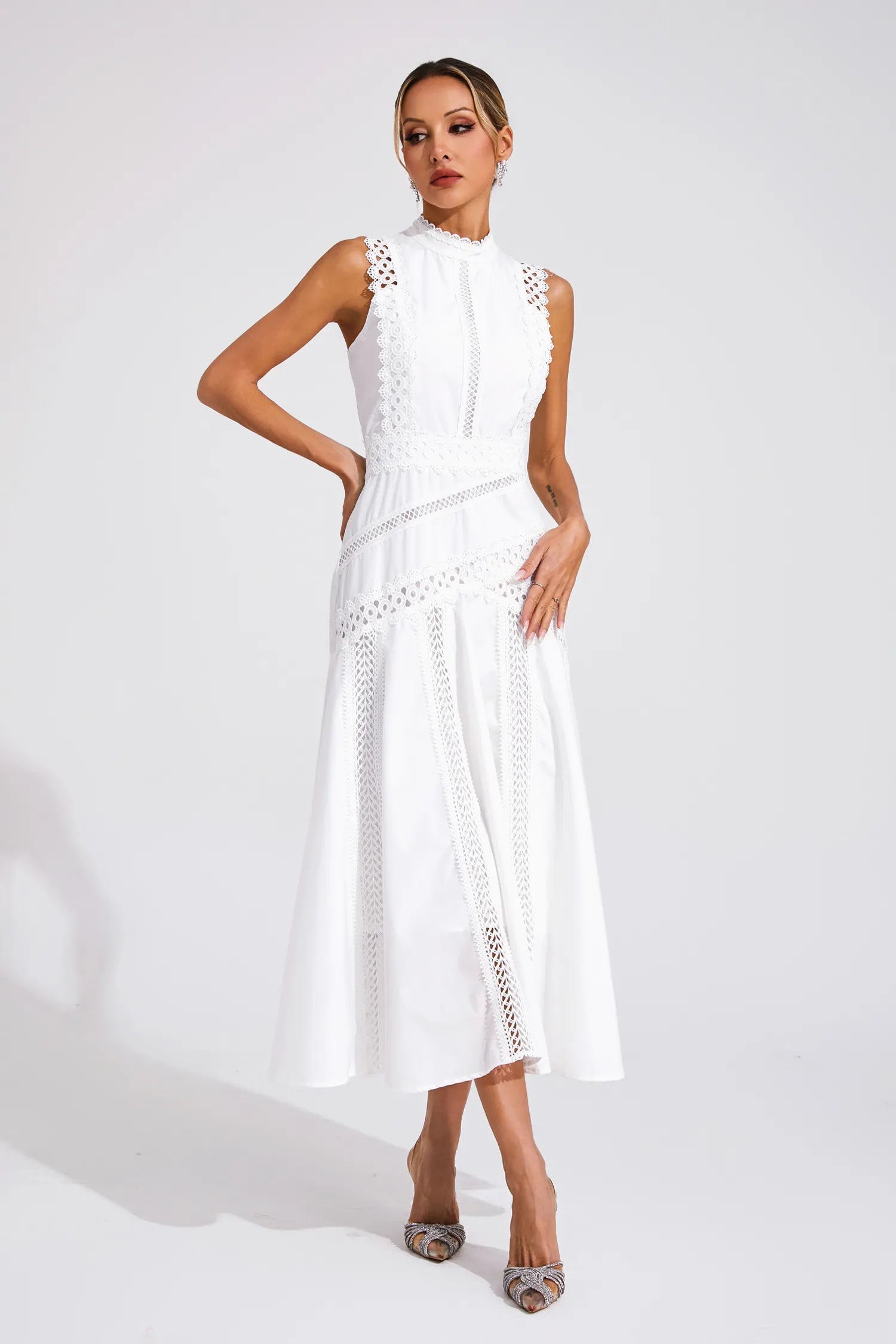 Women's Sleeveless Lace Panel Midi Dress – Mock Neck A-Line Wedding Guest