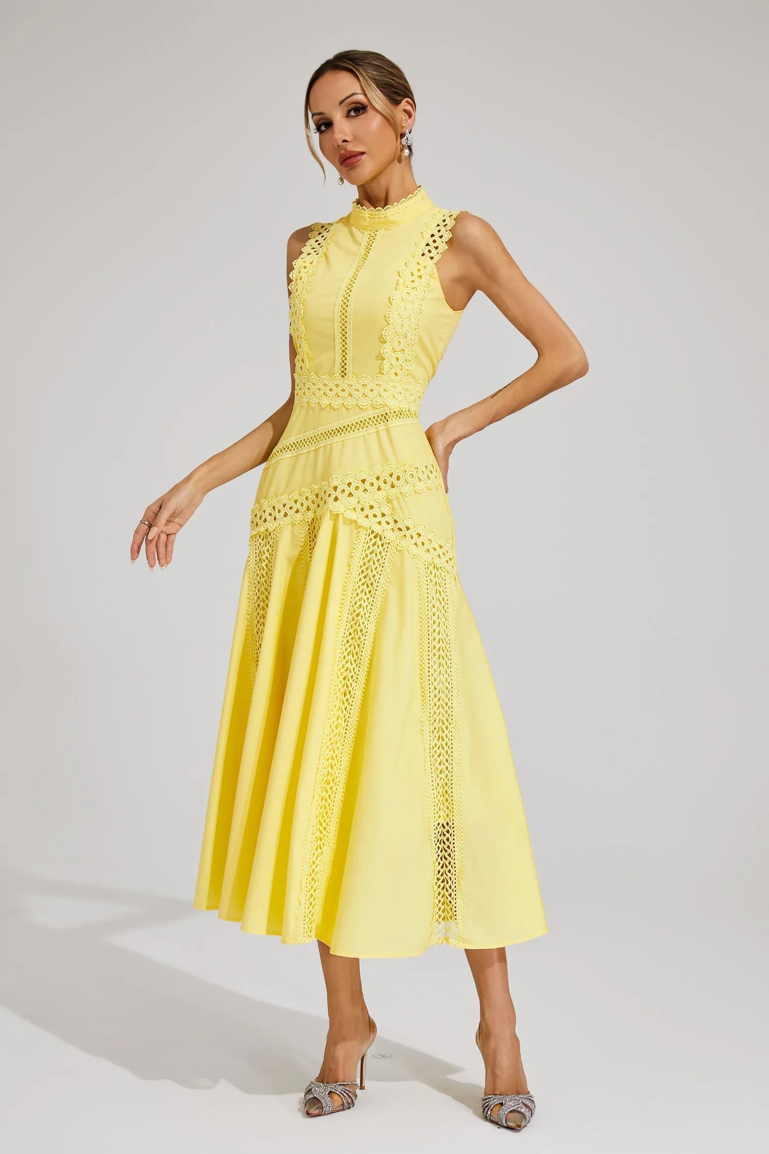 Women's Sleeveless Lace Panel Midi Dress – Mock Neck A-Line Wedding Guest