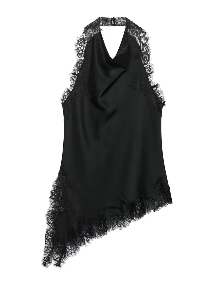 Women's Sleeveless Lace Trim Halter Top – Cowl Neck Open Back Asymmetric Hem