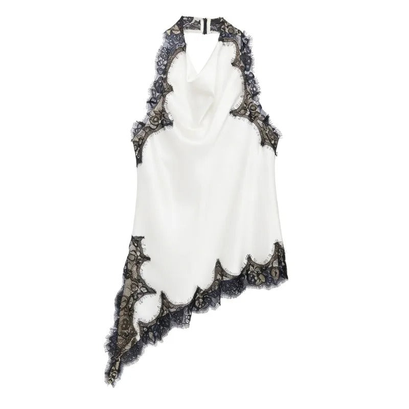 Women's Sleeveless Lace Trim Halter Top – Cowl Neck Open Back Asymmetric Hem