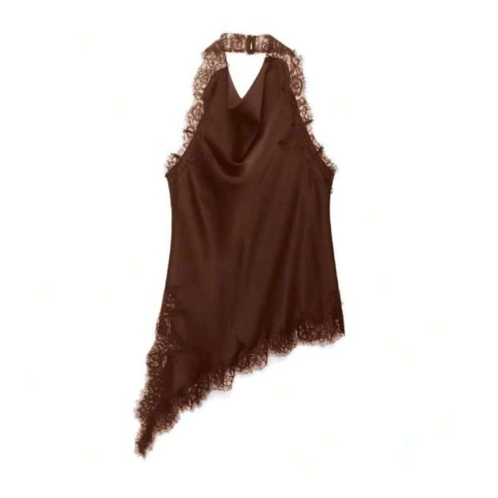 Women's Sleeveless Lace Trim Halter Top – Cowl Neck Open Back Asymmetric Hem