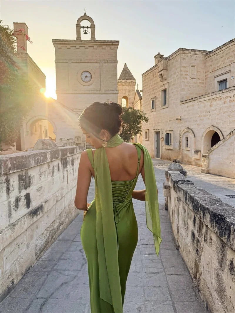 Women's Sleeveless Maxi Dress – Cowl Neck Halter Ruched Waist Wedding Guest
