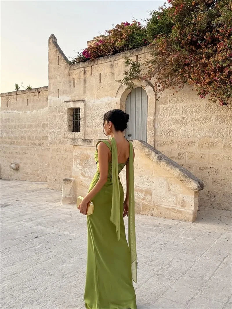 Women's Sleeveless Maxi Dress – Cowl Neck Halter Ruched Waist Wedding Guest