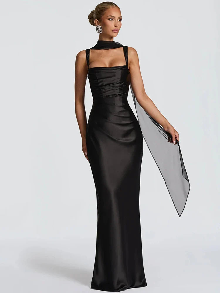 Women's Sleeveless Maxi Dress – Cowl Neck Halter Ruched Waist Wedding Guest