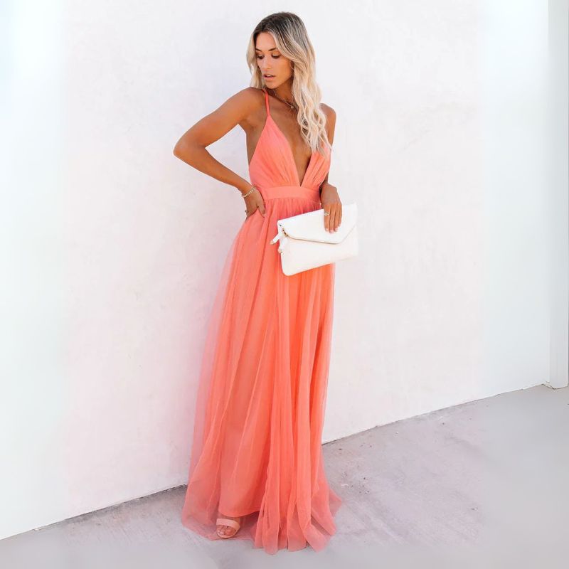 Women's Sleeveless V Neck Tulle Maxi – Spaghetti Strap Wedding Guest Dress