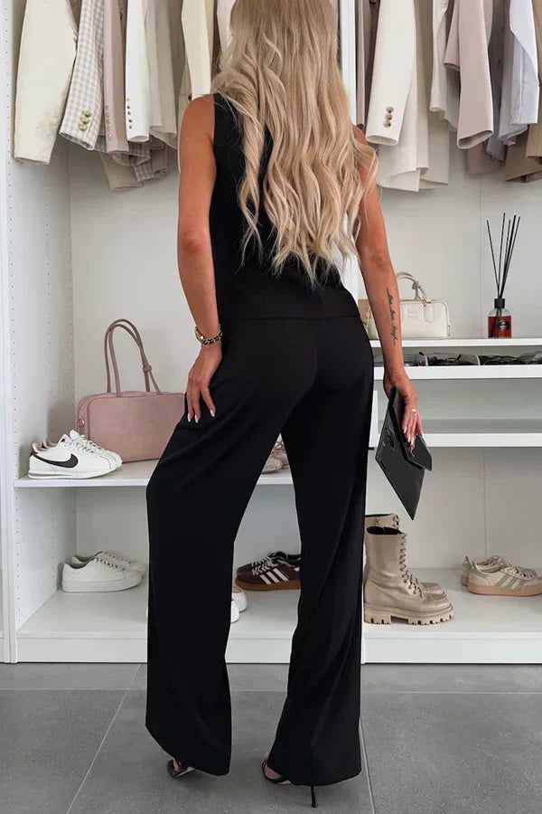 Women's Sleeveless Vest and Wide Leg Pants – Button Front Tailored 2 Piece Set