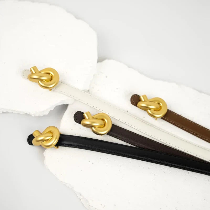 Women's Slim Faux Leather Belt – Knot Buckle Topstitched Everyday Office