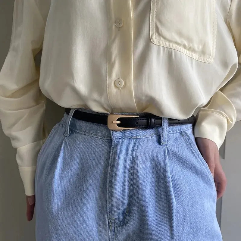 Women's Slim Faux Leather Belt – Pin Buckle Stitched Everyday Casual