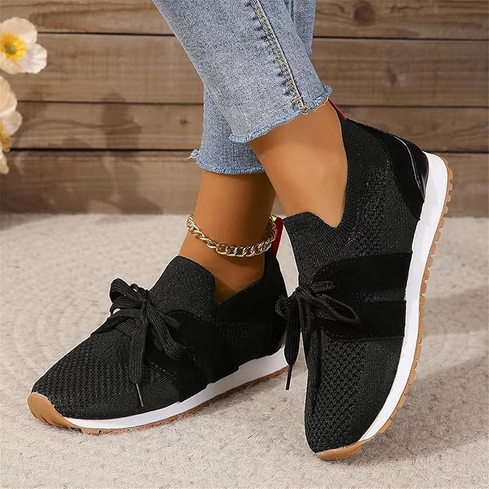 Women's Slip-On Knit Sneakers – Lace Up Front Enclosed Heel Loop Back Casual