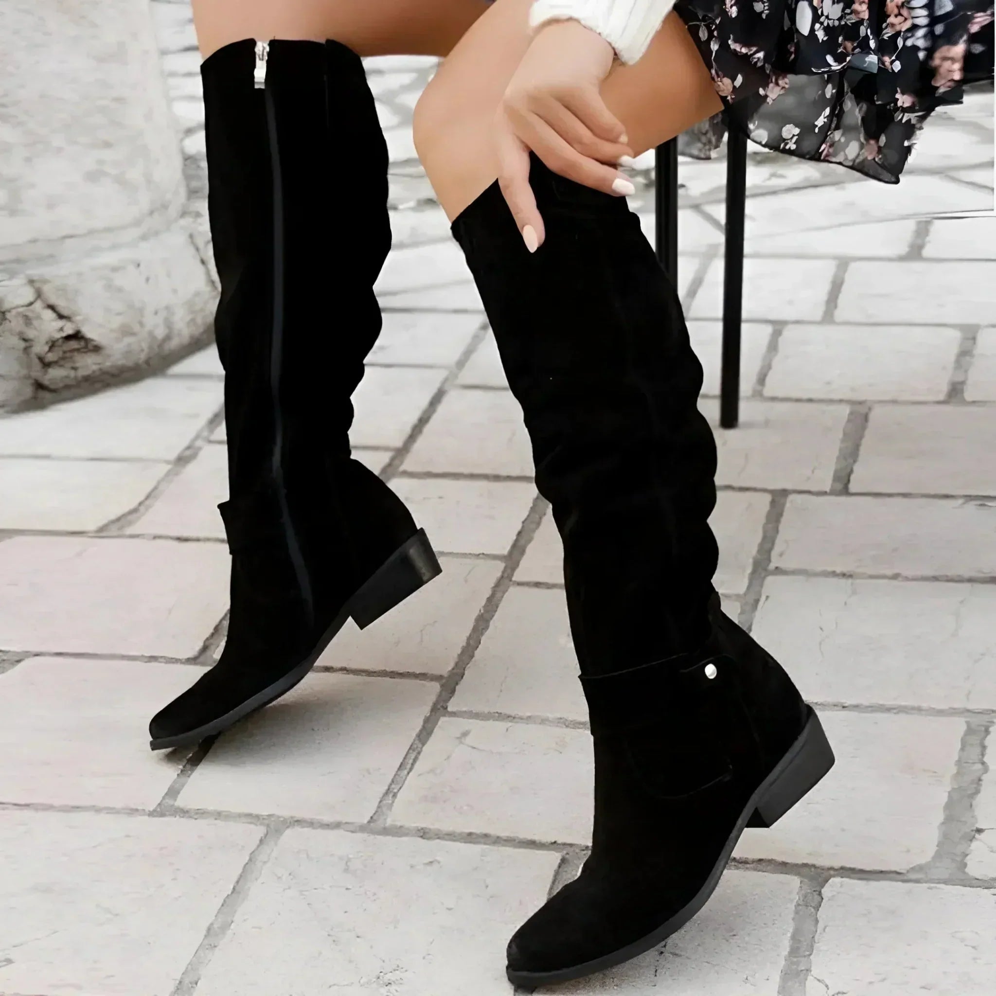 Women's Slouch Knee High Boots – Round Toe Flat Heel Strap Tab Casual Winter