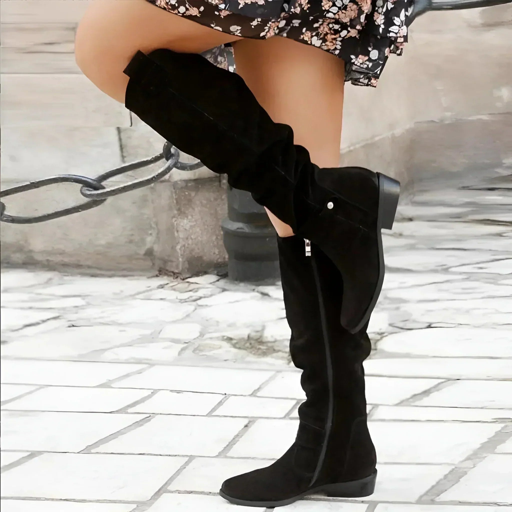 Women's Slouch Knee High Boots – Round Toe Flat Heel Strap Tab Casual Winter