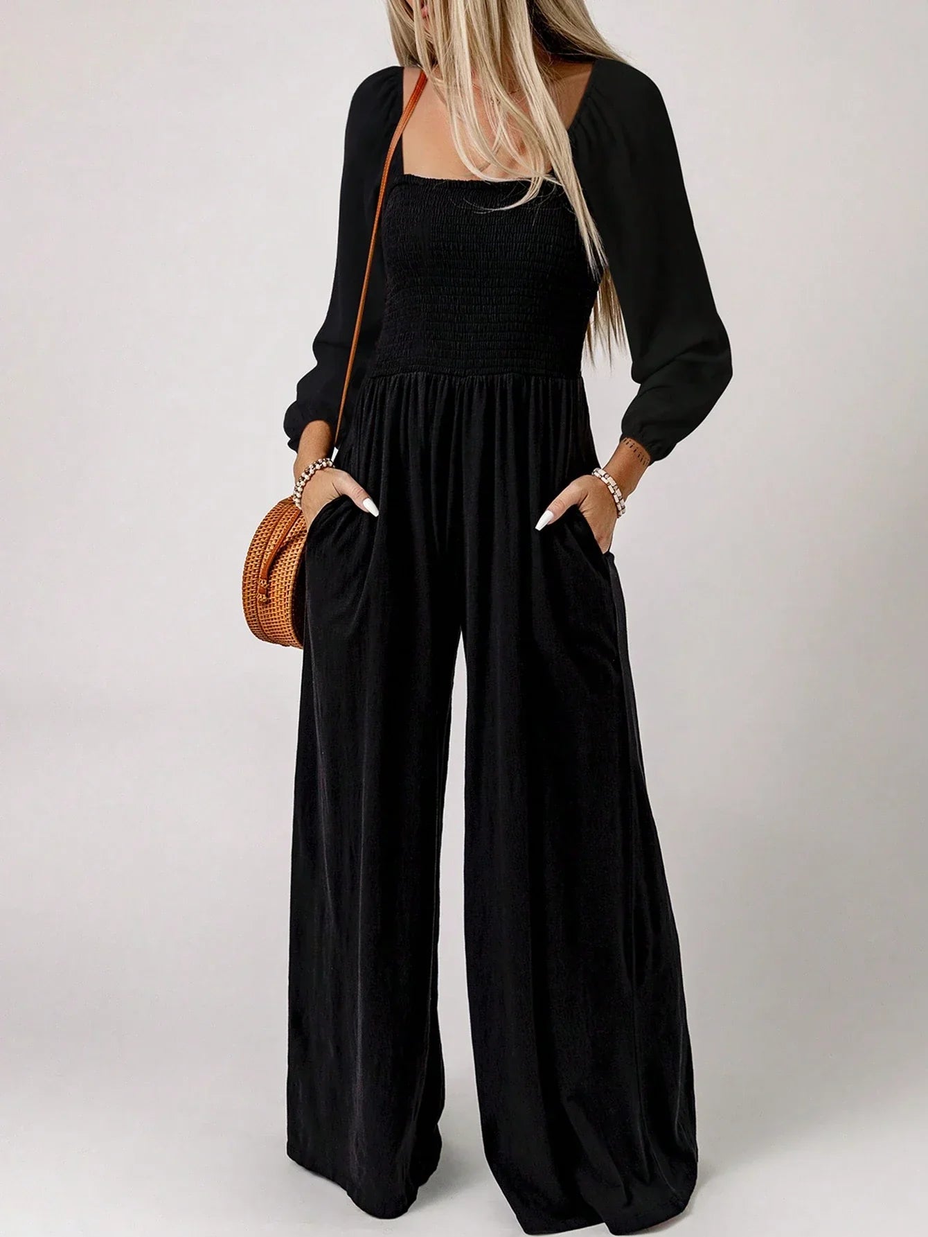 Women's Smocked Jumpsuit – Square Neck Puff Sleeve Wide Leg Casual