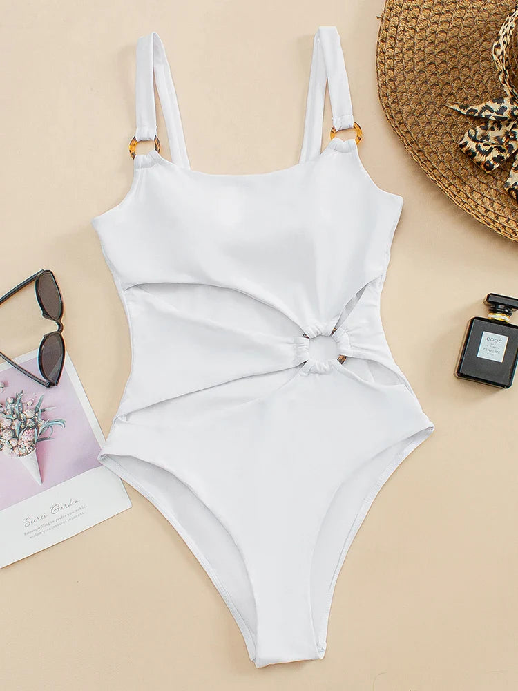 Women's Solid Cut Out One Piece Swimsuit – Ring Detail Square Neck Beach