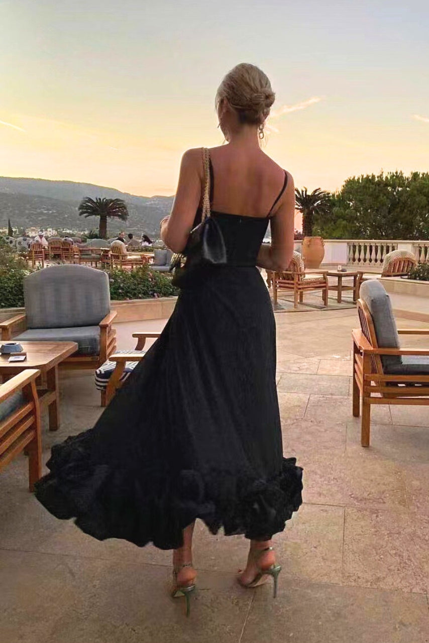 Women's Solid Spaghetti Strap Midi – Scoop Neck Ruffle Hem Wedding Guest Dress