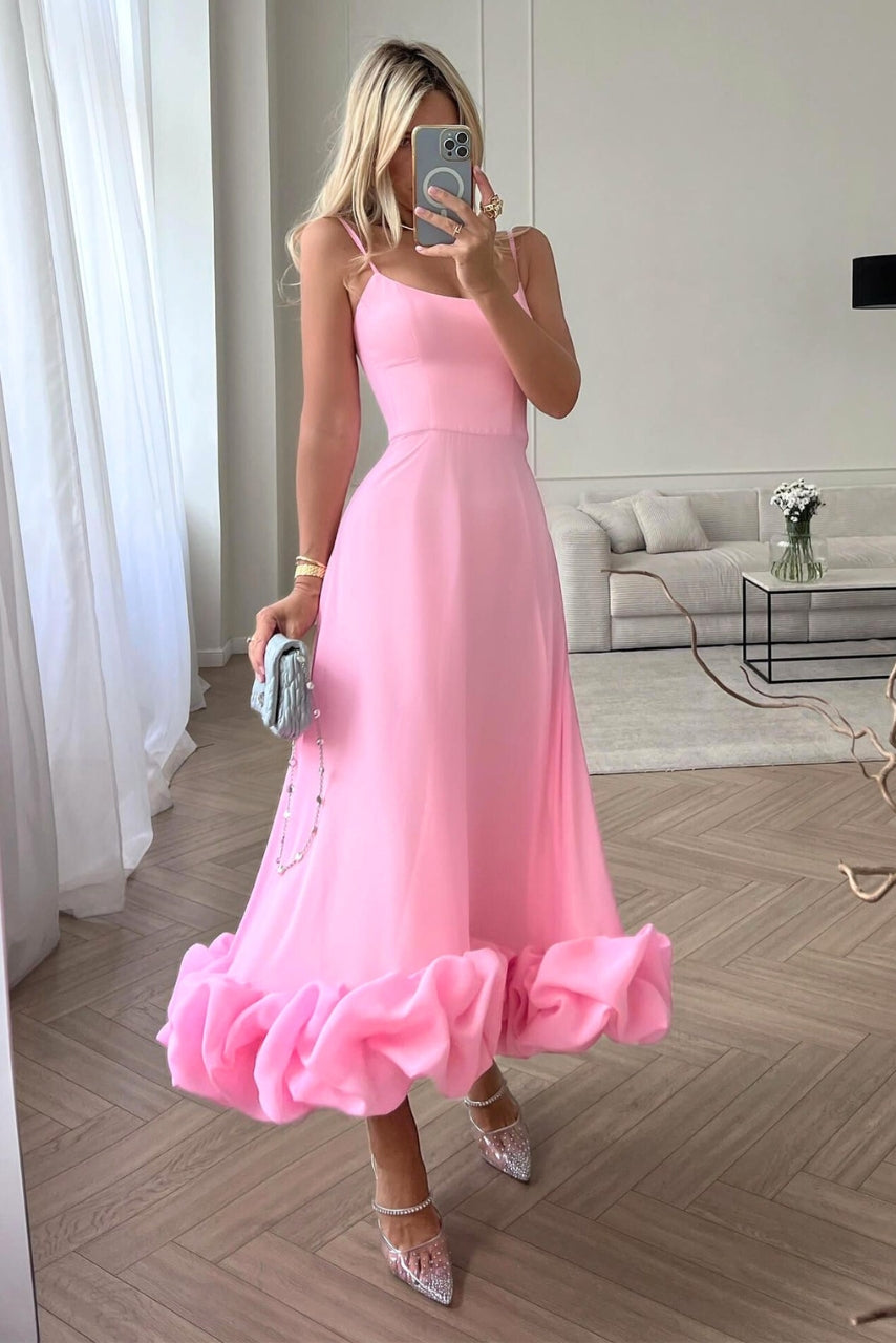 Women's Solid Spaghetti Strap Midi – Scoop Neck Ruffle Hem Wedding Guest Dress