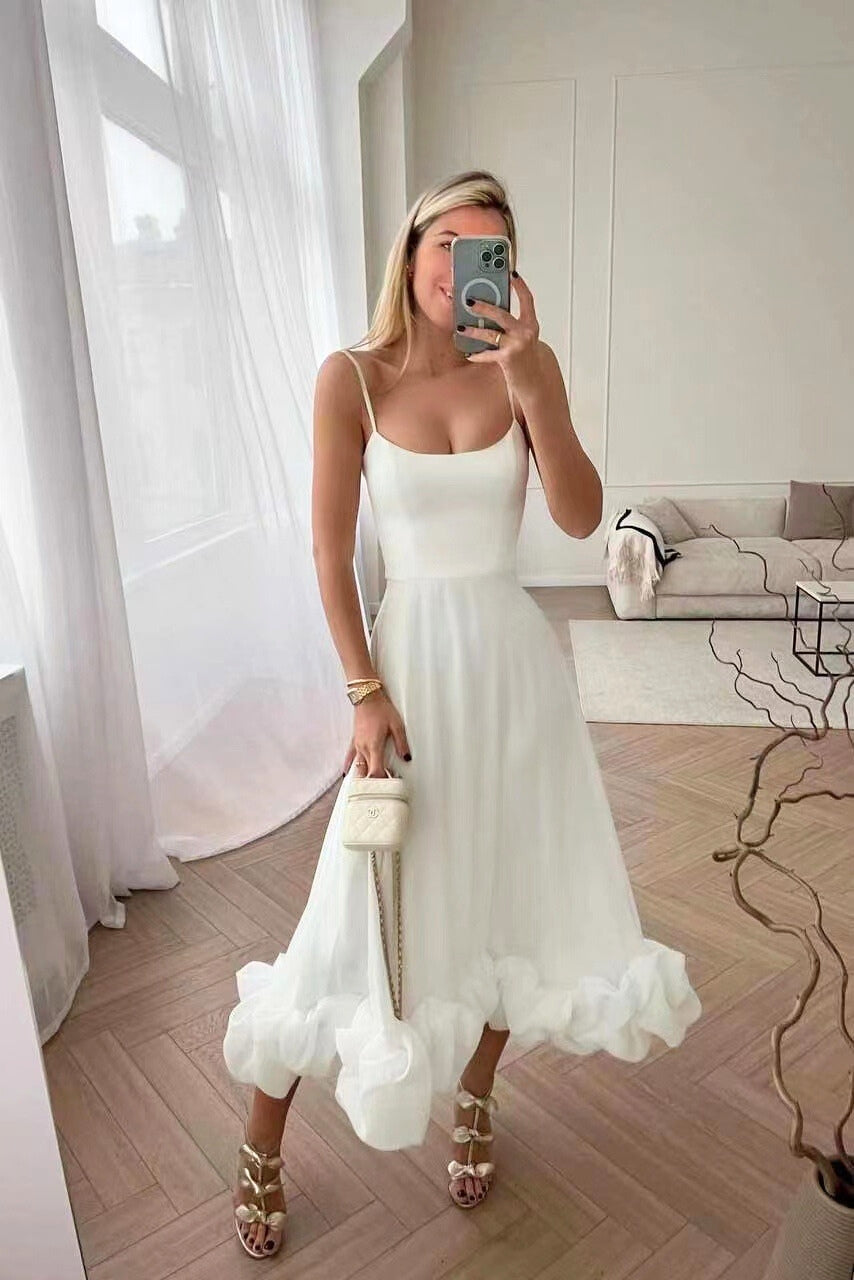 Women's Solid Spaghetti Strap Midi – Scoop Neck Ruffle Hem Wedding Guest Dress