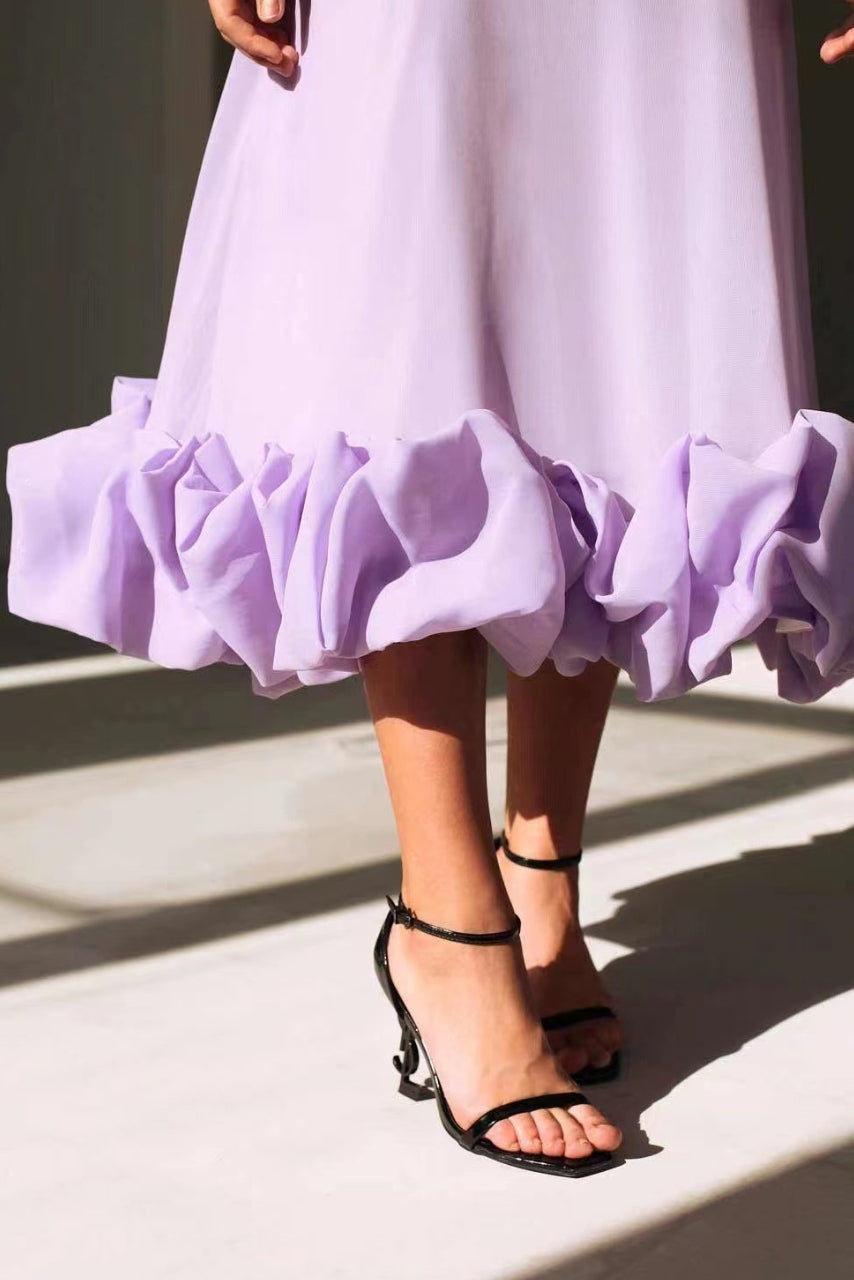 Women's Solid Spaghetti Strap Midi – Scoop Neck Ruffle Hem Wedding Guest Dress