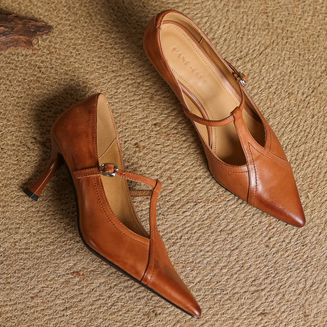 Women's Solid T-Strap Pointed Toe Pumps – Panelled Upper Slim Heel Dress Shoes