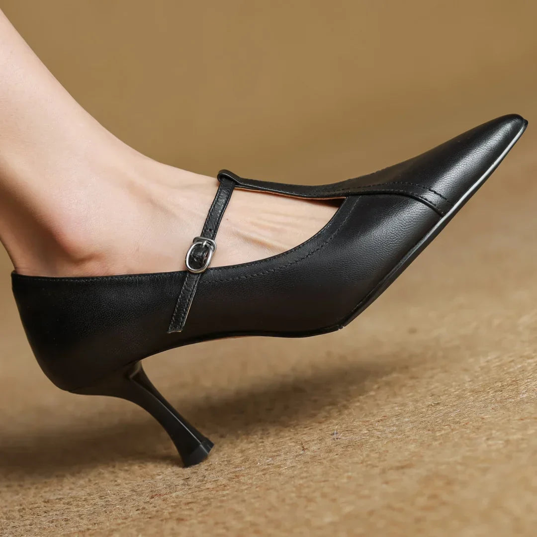 Women's Solid T-Strap Pointed Toe Pumps – Panelled Upper Slim Heel Dress Shoes