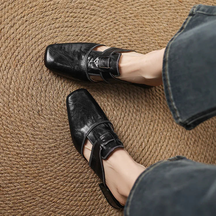 Women's Square Toe Mule Shoes – Block Heel H Strap Cutout Smart Casual