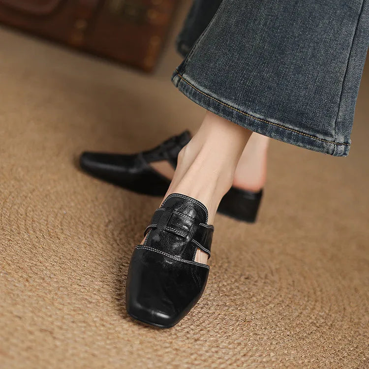Women's Square Toe Mule Shoes – Block Heel H Strap Cutout Smart Casual