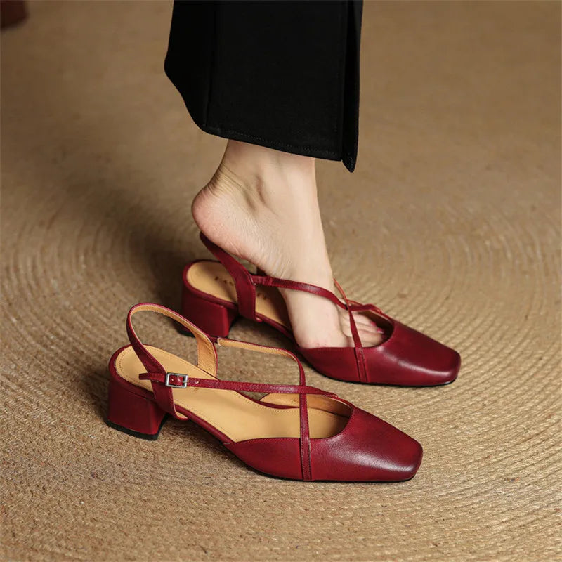 Women's Square Toe Slingback – Cross Strap Block Heel Office Work Shoes
