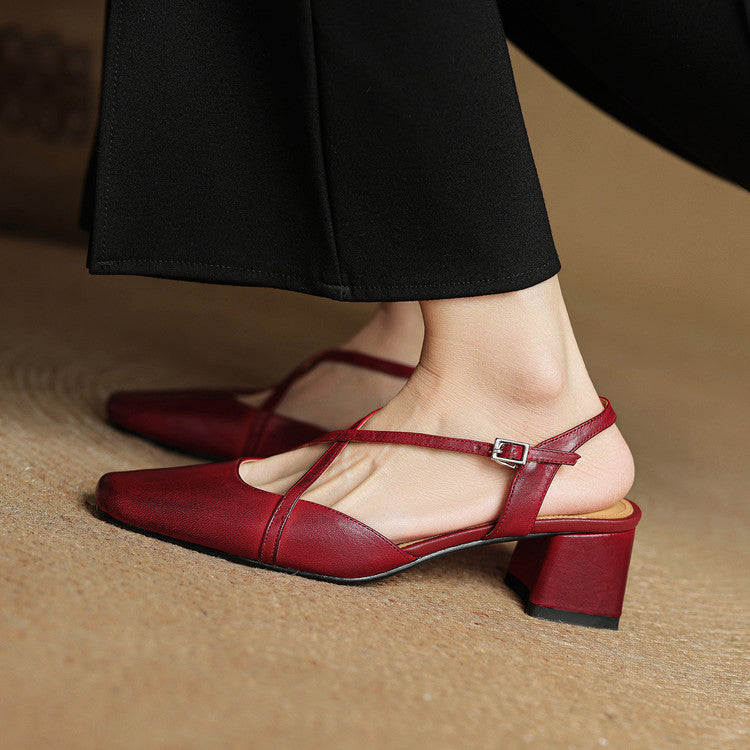 Women's Square Toe Slingback – Cross Strap Block Heel Office Work Shoes