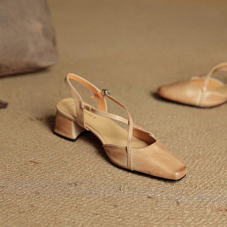 Women's Square Toe Slingback – Cross Strap Block Heel Office Work Shoes