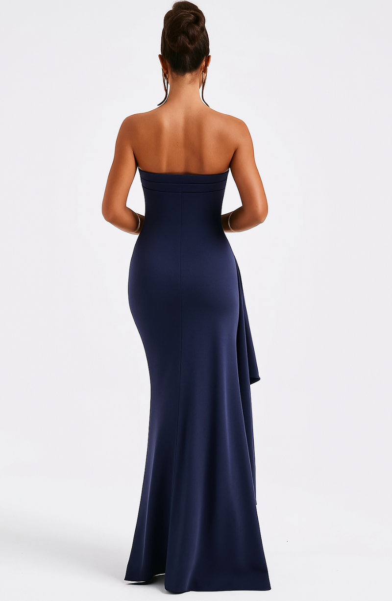 Women's Strapless Maxi Dress – Pleated Bodice Ruched High Slit Wedding Guest