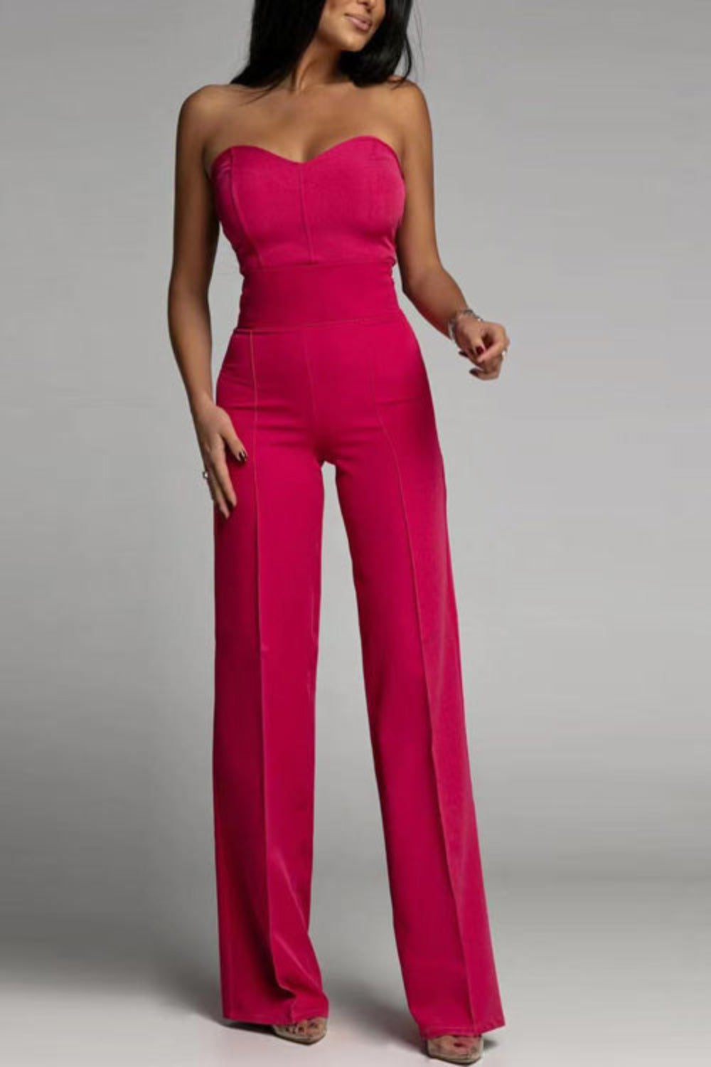 Women's Strapless Wide Leg Jumpsuit – Sweetheart Neck High Waist Evening