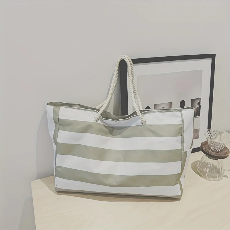 Women's Stripe Canvas Tote Bag – Rope Handle Zip Top Large Beach Summer