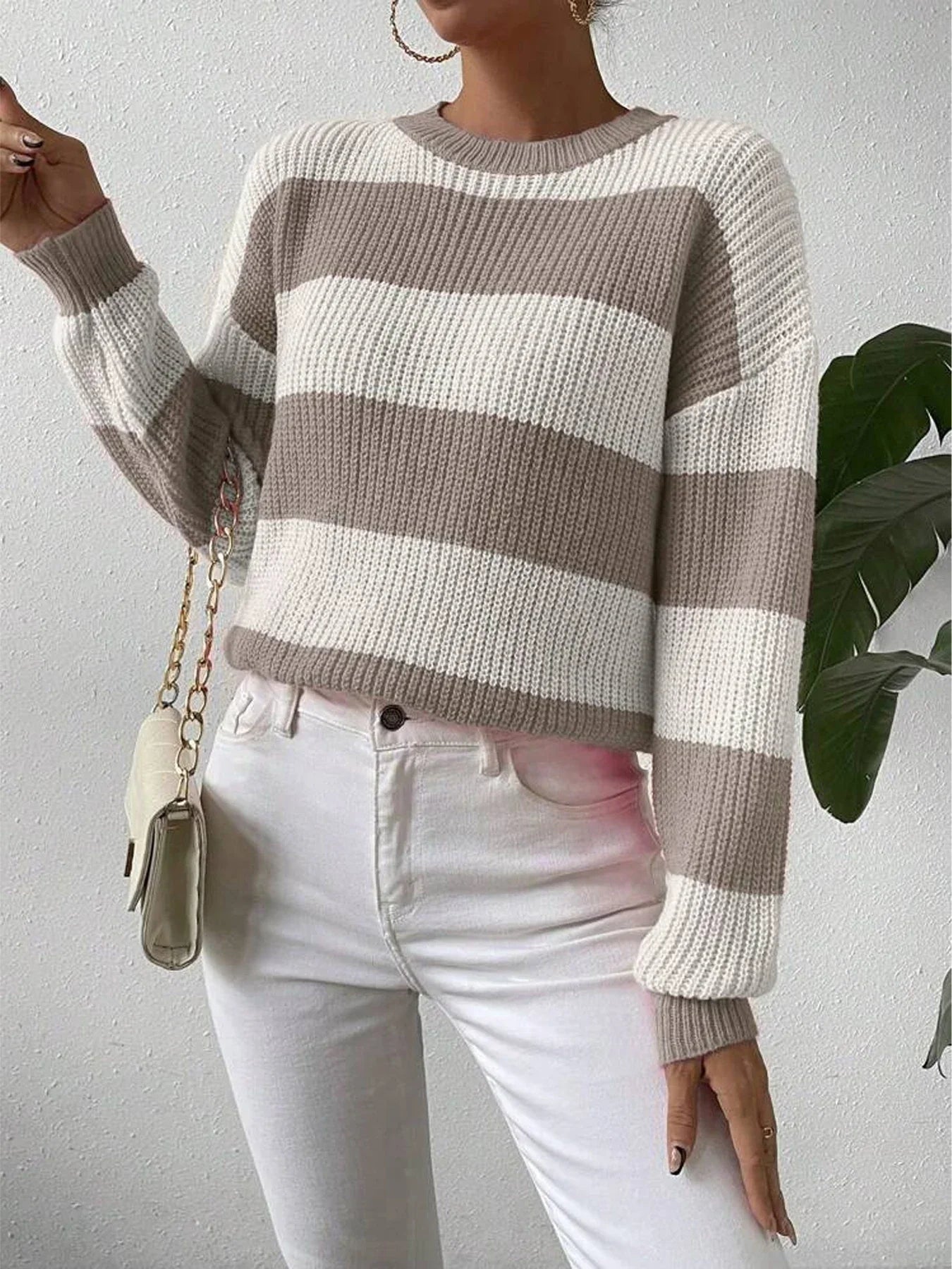Women's Stripe Crew Neck Sweater – Long Sleeve Knit Pullover Everyday