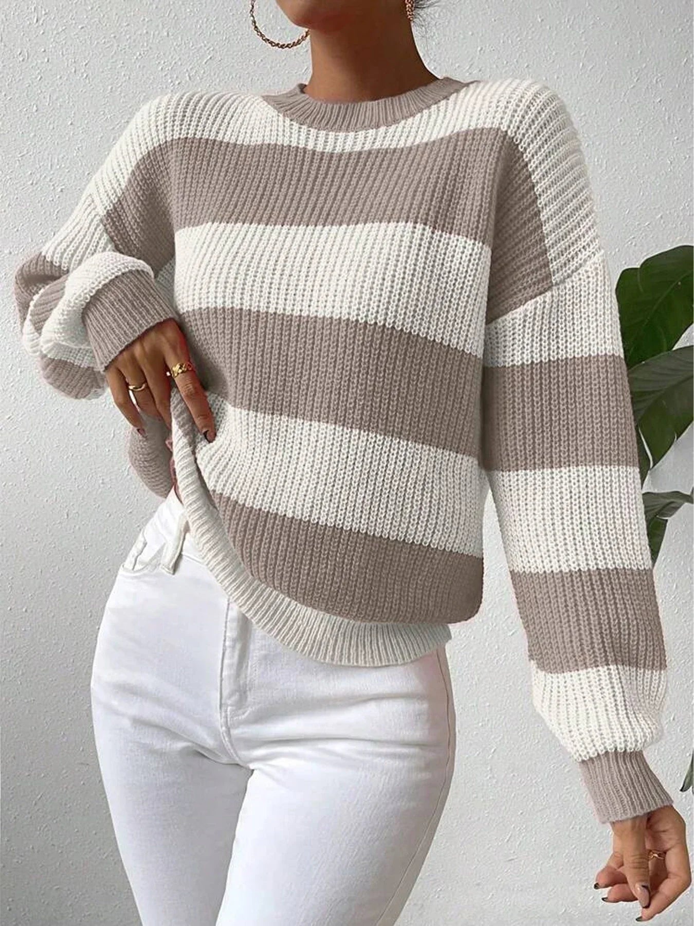 Women's Stripe Crew Neck Sweater – Long Sleeve Knit Pullover Everyday