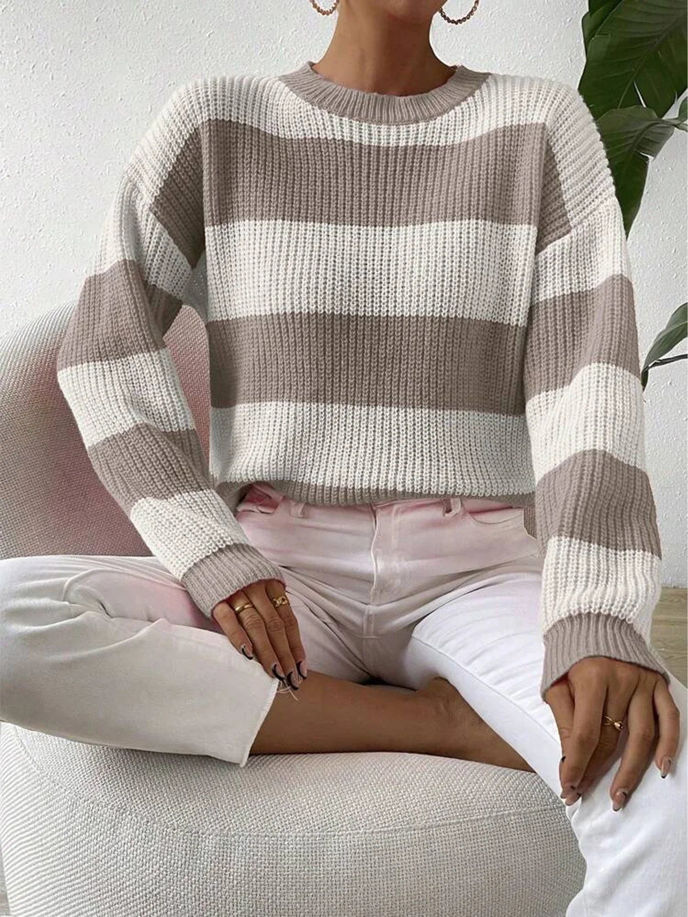 Women's Stripe Crew Neck Sweater – Long Sleeve Knit Pullover Everyday