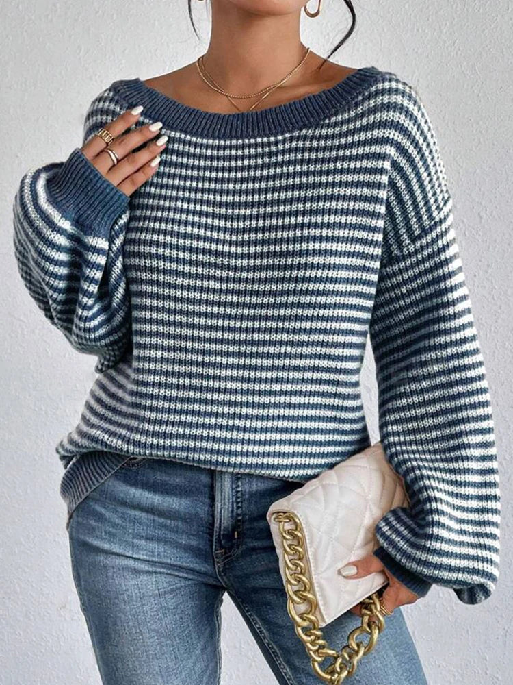Women's Striped Off Shoulder Knit Sweater – Long Sleeve Oversized Pullover