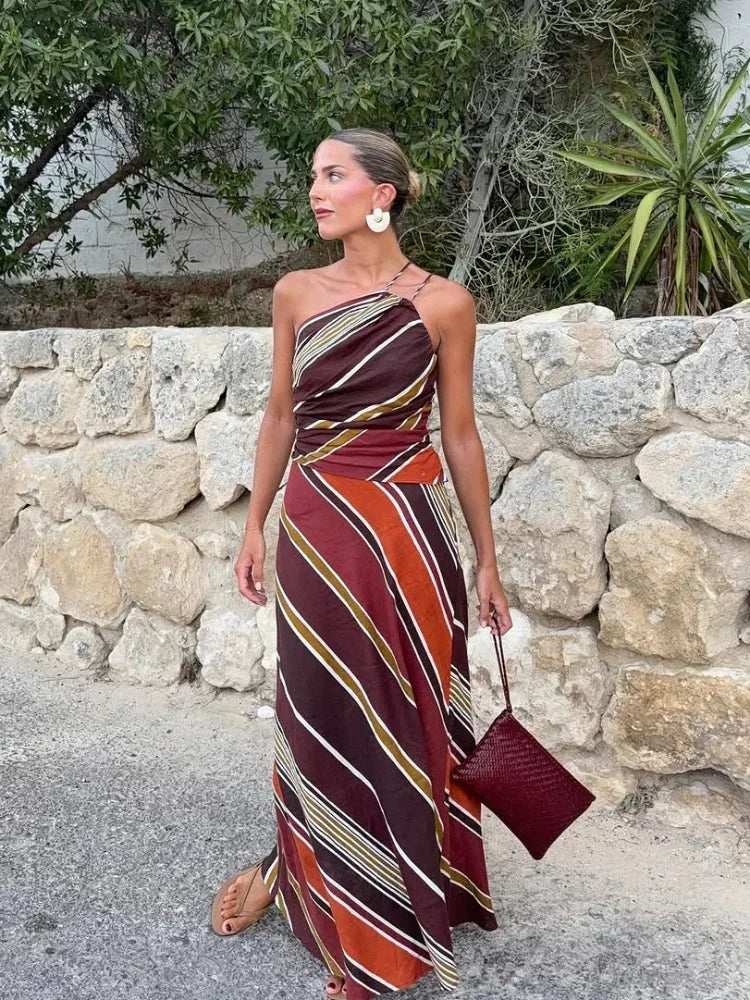Women's Striped One Shoulder Maxi – Draped Bodice Wedding Guest Dress