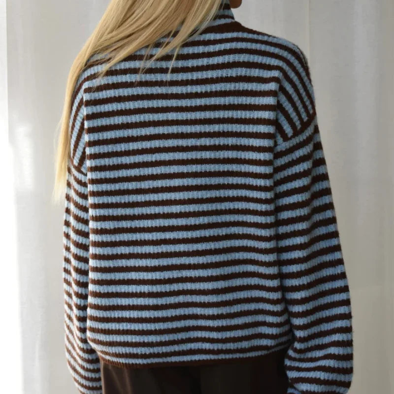 Women's Striped Ribbed Cardigan – Full Zip Turtleneck Oversized Knit Sweater