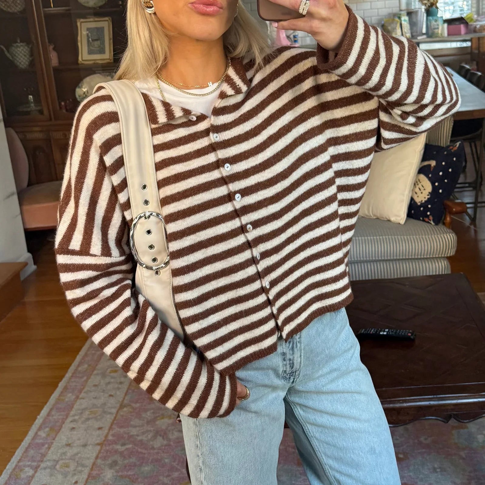 Women's Striped Round Neck Cardigan – Button Front Long Sleeve Knit Sweater