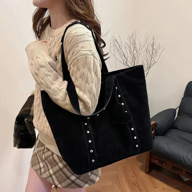Women's Stud Detail Shoulder Tote Bag – Heart Patch Open Top Casual