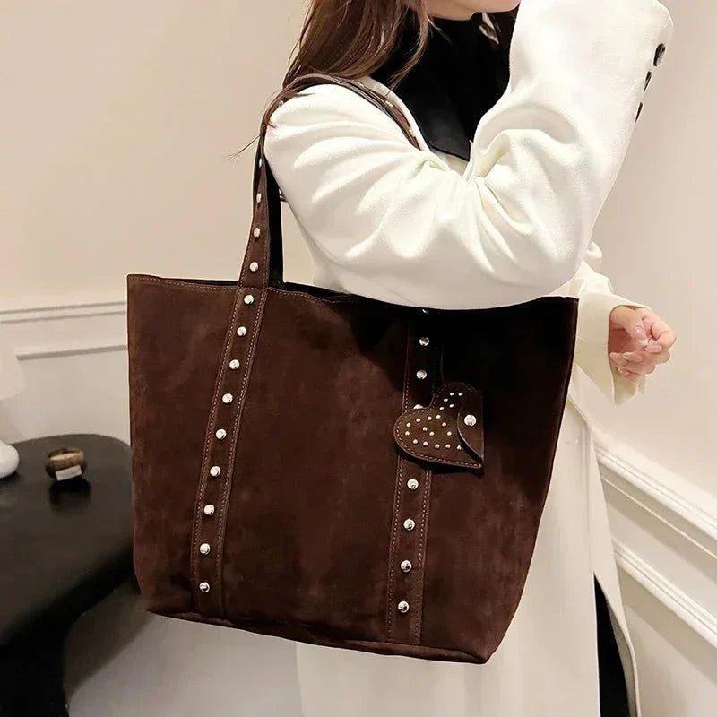 Women's Stud Detail Shoulder Tote Bag – Heart Patch Open Top Casual