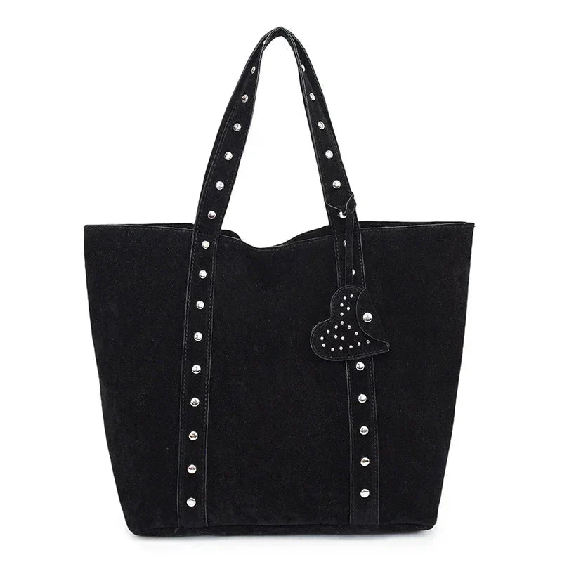 Women's Stud Detail Shoulder Tote Bag – Heart Patch Open Top Casual