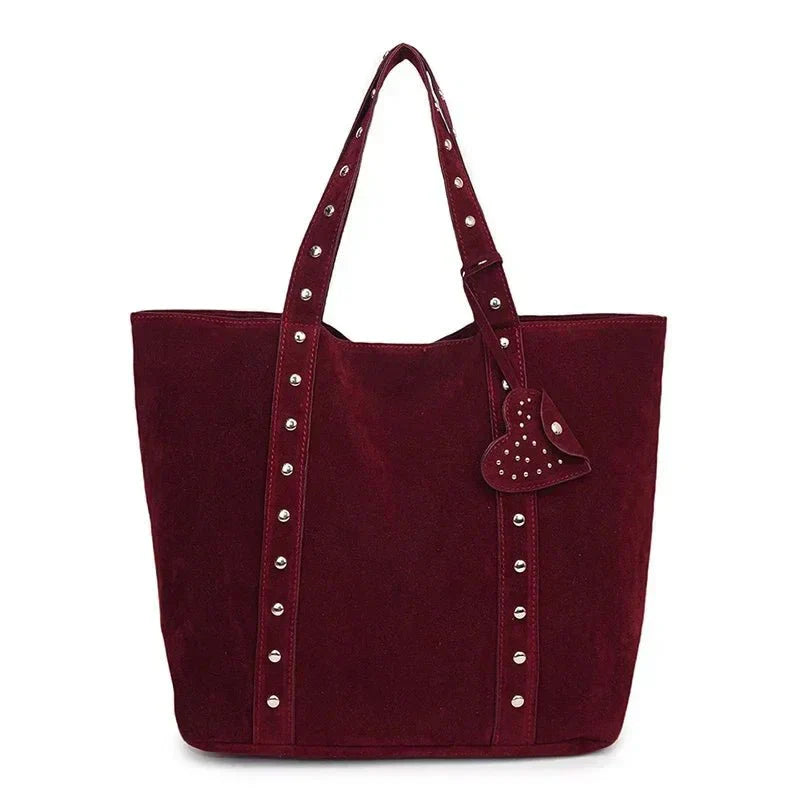 Women's Stud Detail Shoulder Tote Bag – Heart Patch Open Top Casual