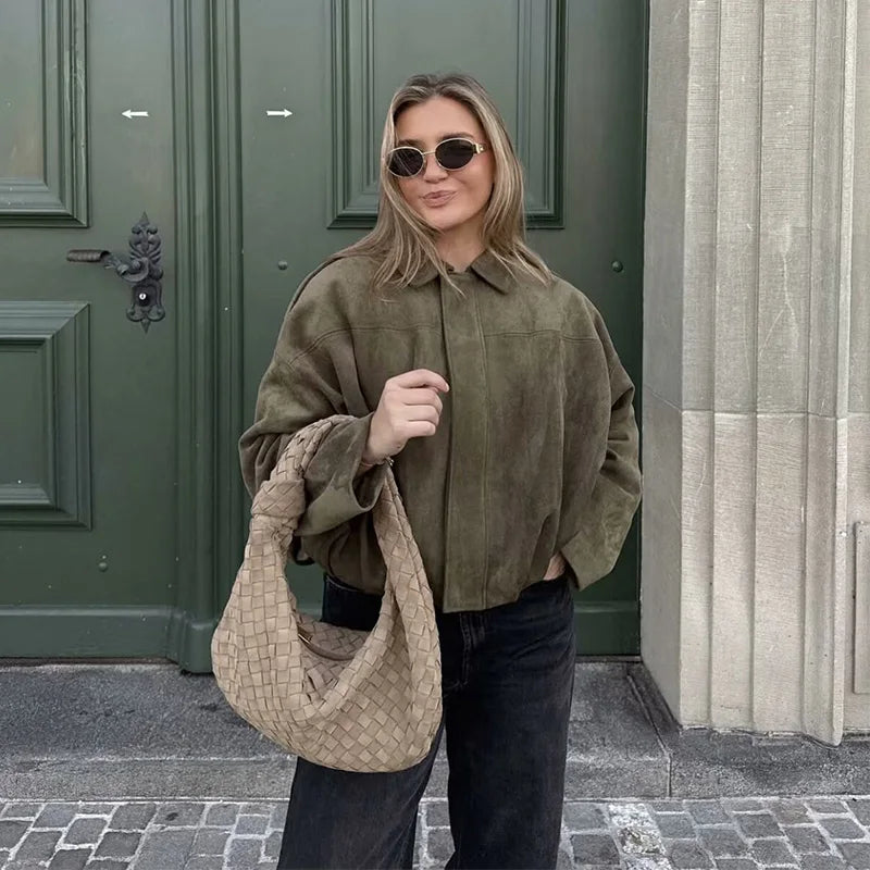 Women's Suede Cropped Bomber Jacket – Zip Front Point Collar Oversized