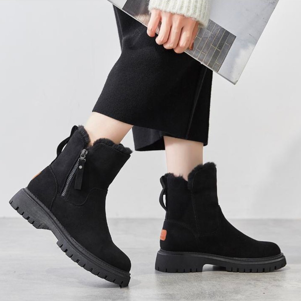 Women's Suede Flat Ankle Boots – Side Zip Plush Collar Lug Sole Winter