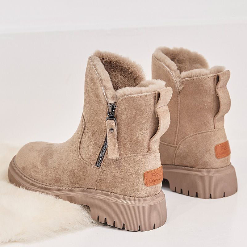 Women's Suede Flat Ankle Boots – Side Zip Plush Collar Lug Sole Winter