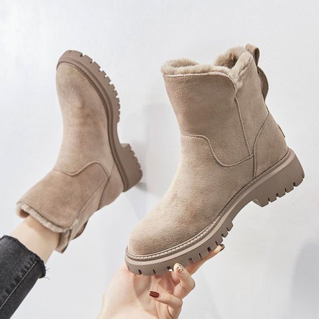 Women's Suede Flat Ankle Boots – Side Zip Plush Collar Lug Sole Winter