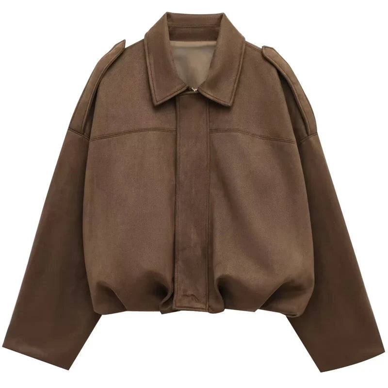 Women's Suede Oversized Bomber Jacket – Zip Front Point Collar Street